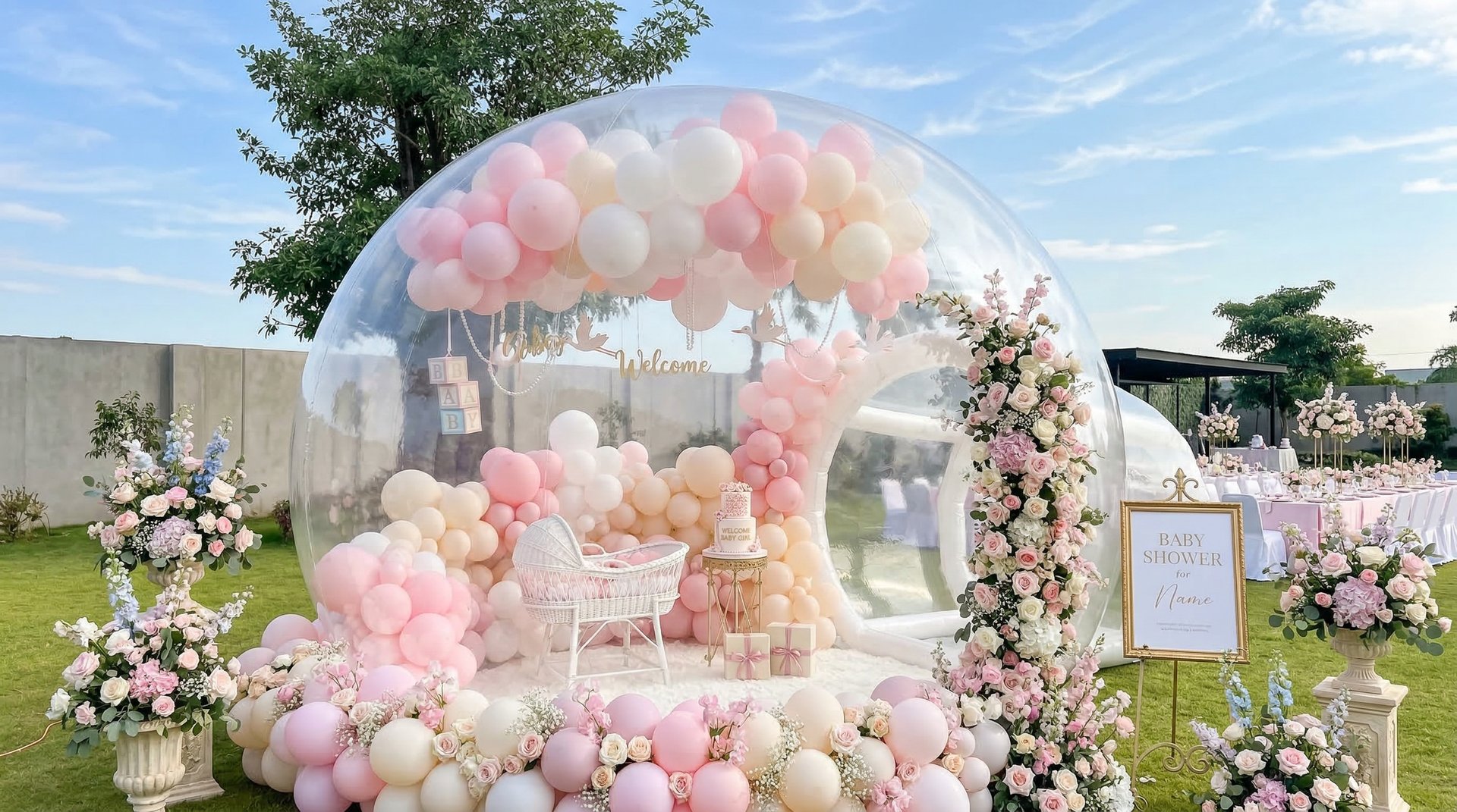 Baby shower korraldamine õrn beebipidu mullimajaga pastelsetes toonides