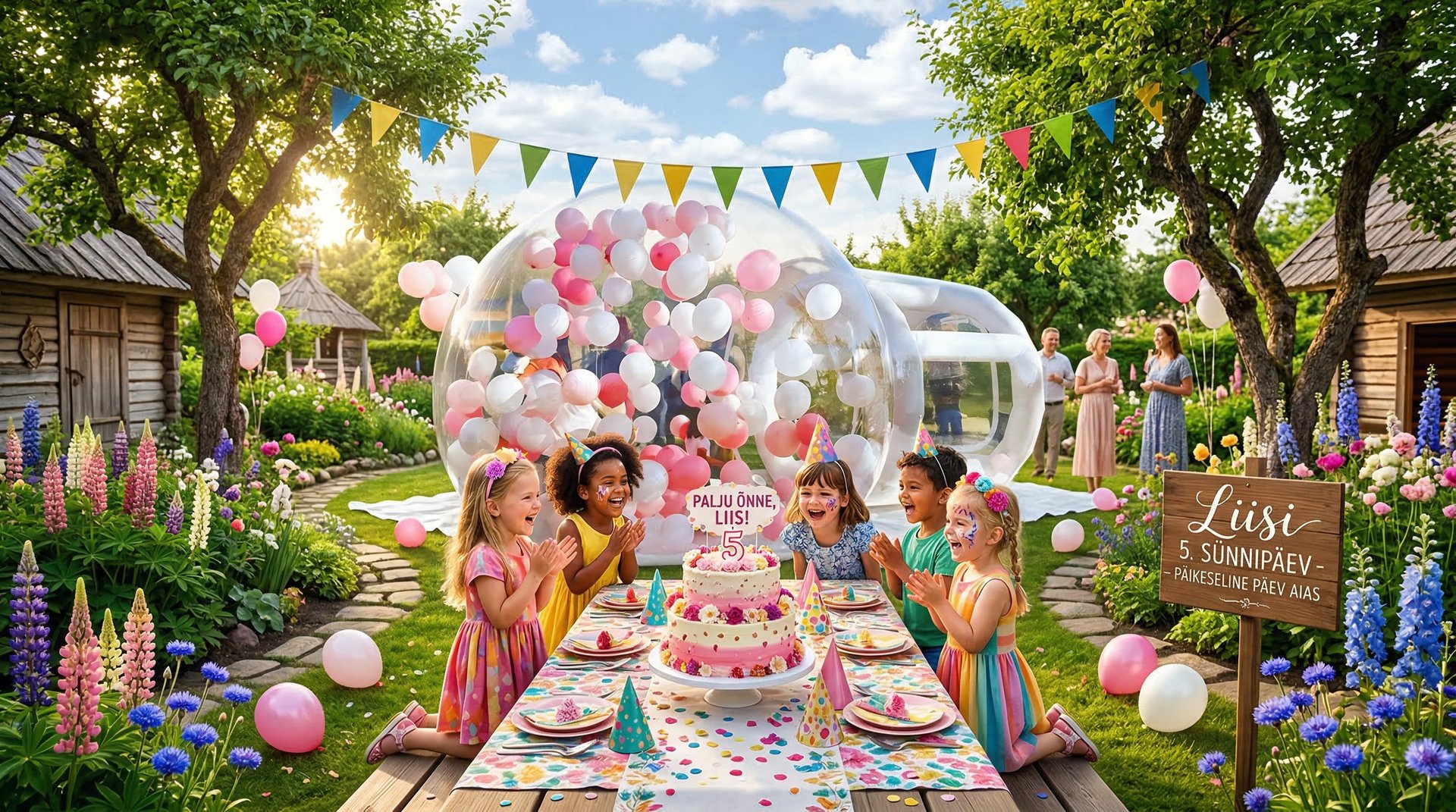 Laste sünnipäeva korraldamine rõõmsad lapsed peol mullimajaga aias