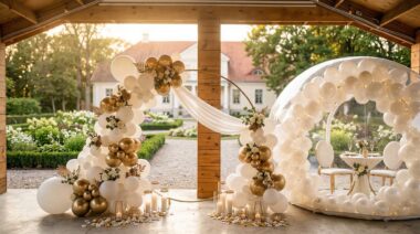 Pulma kaunistused õhupallidega - garland ja mullimaja mõisa aias pulmapeoks