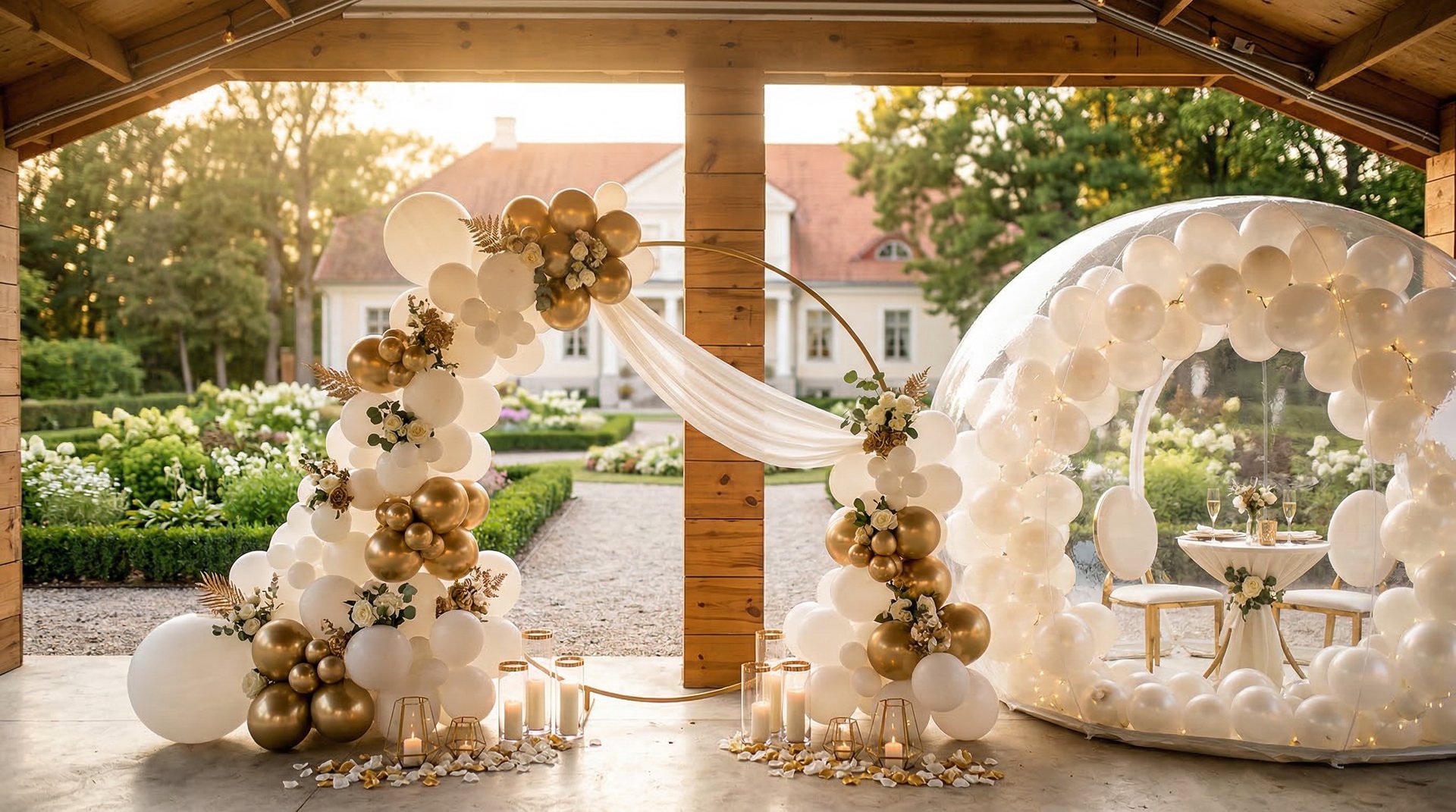 Pulma kaunistused õhupallidega garland ja mullimaja mõisa aias pulmapeoks